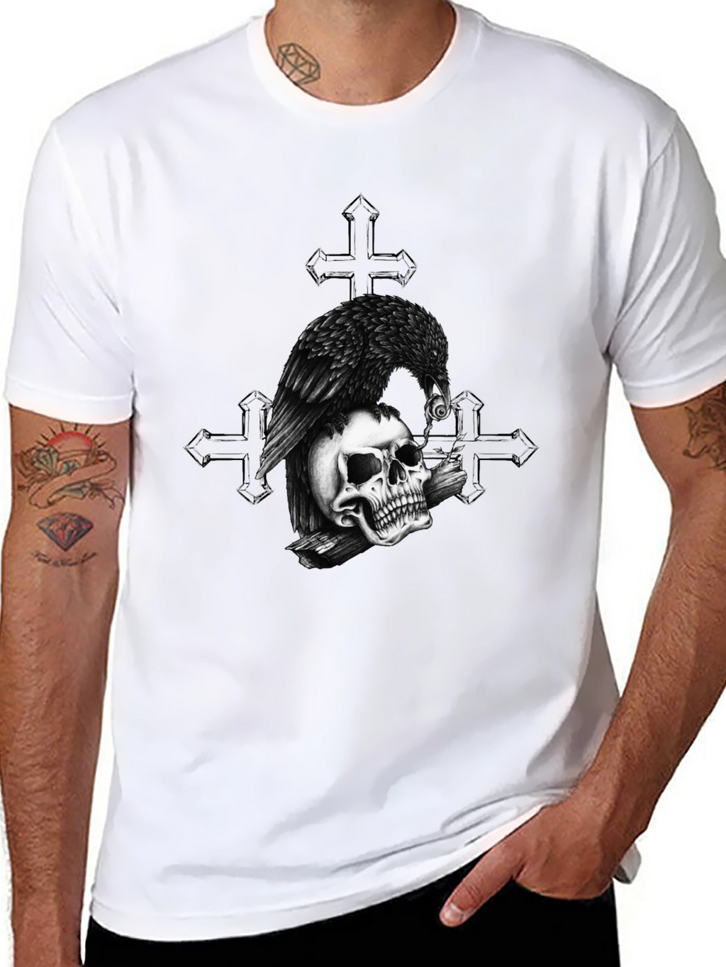 Raven on Skull Graphic Print Tee