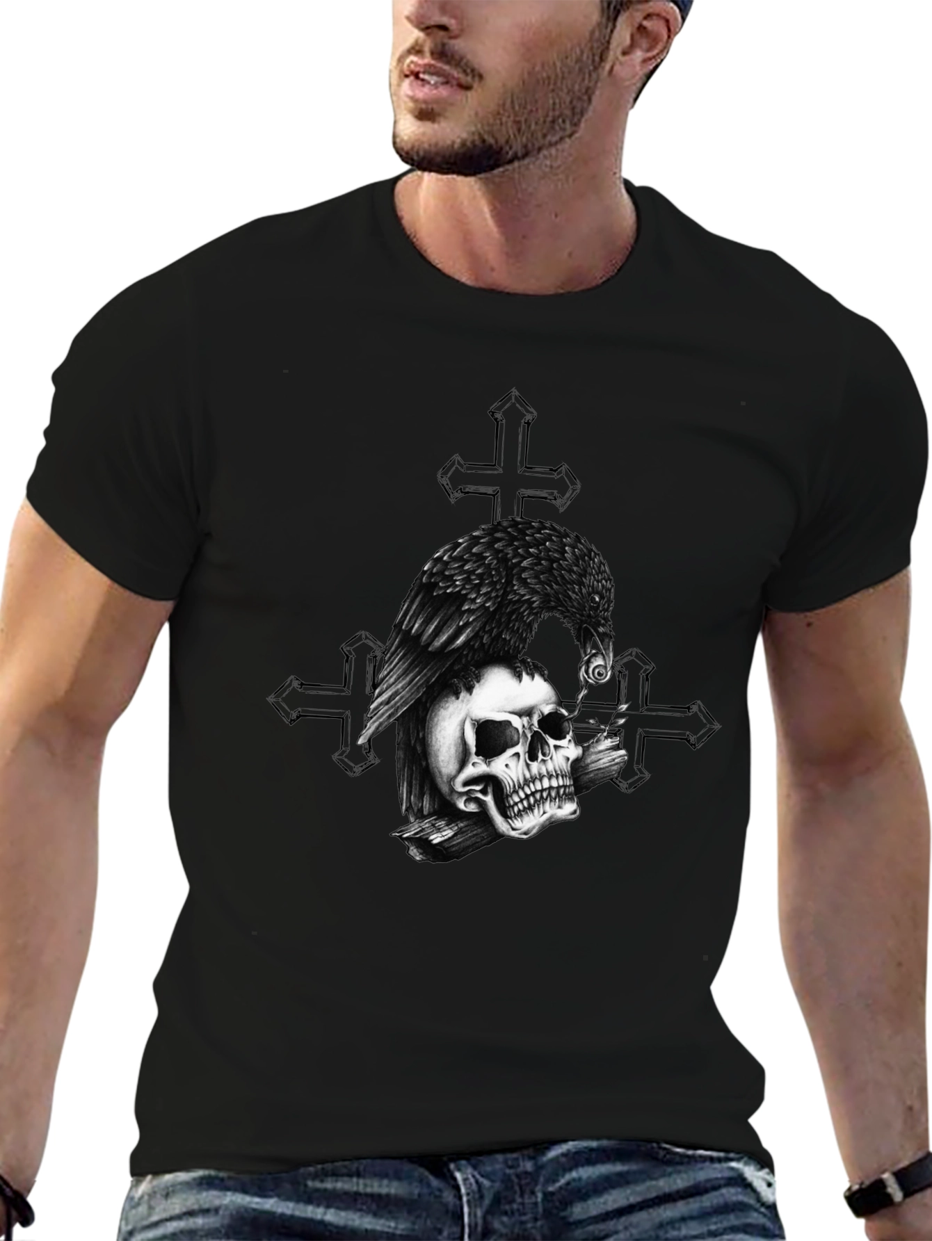 Raven on Skull Graphic Print Tee