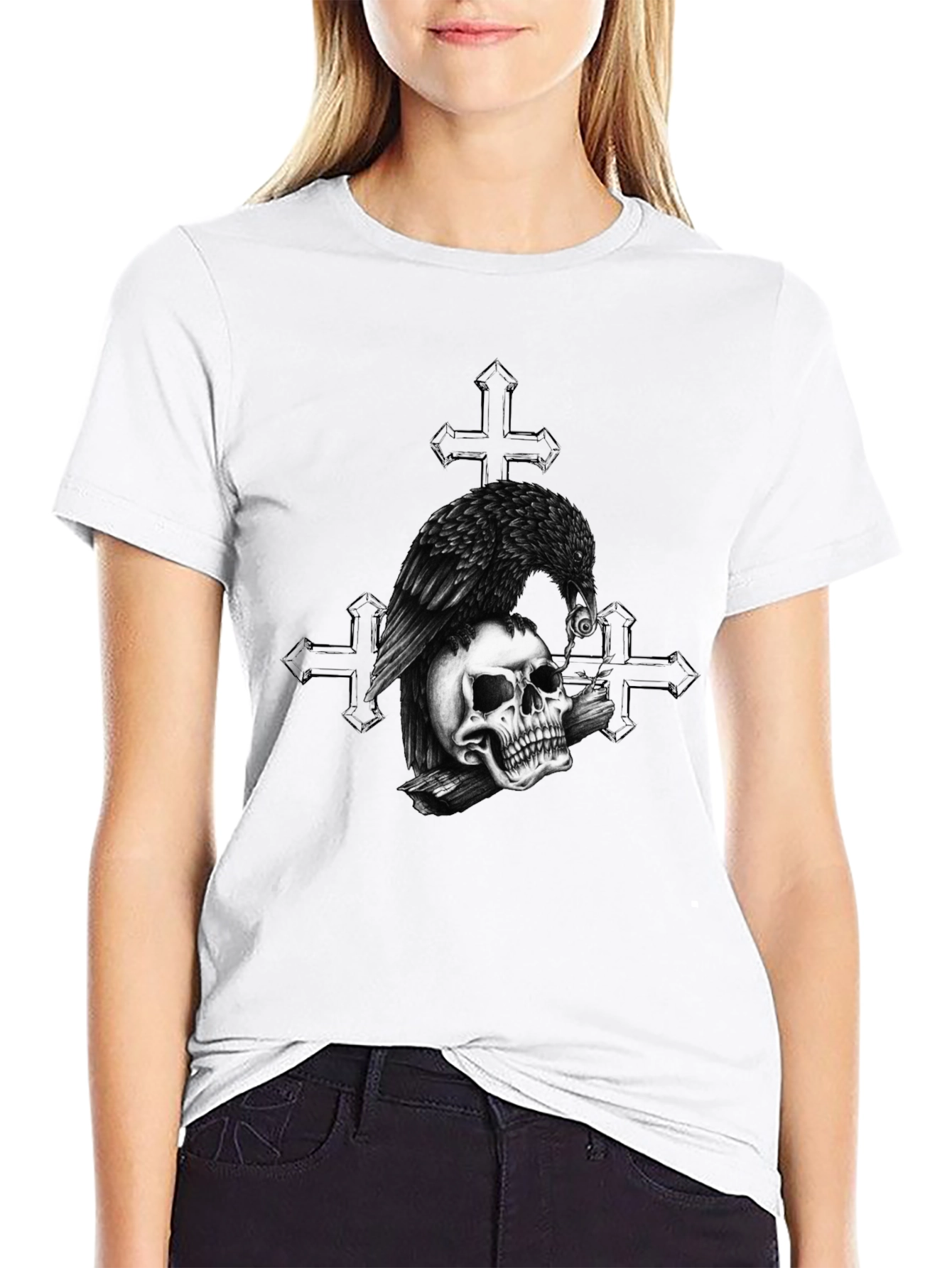 Raven on Skull Graphic Print Tee