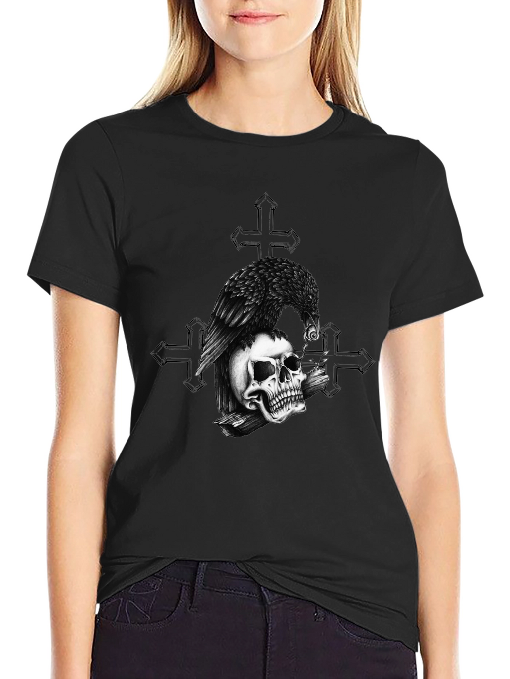 Raven on Skull Graphic Print Tee