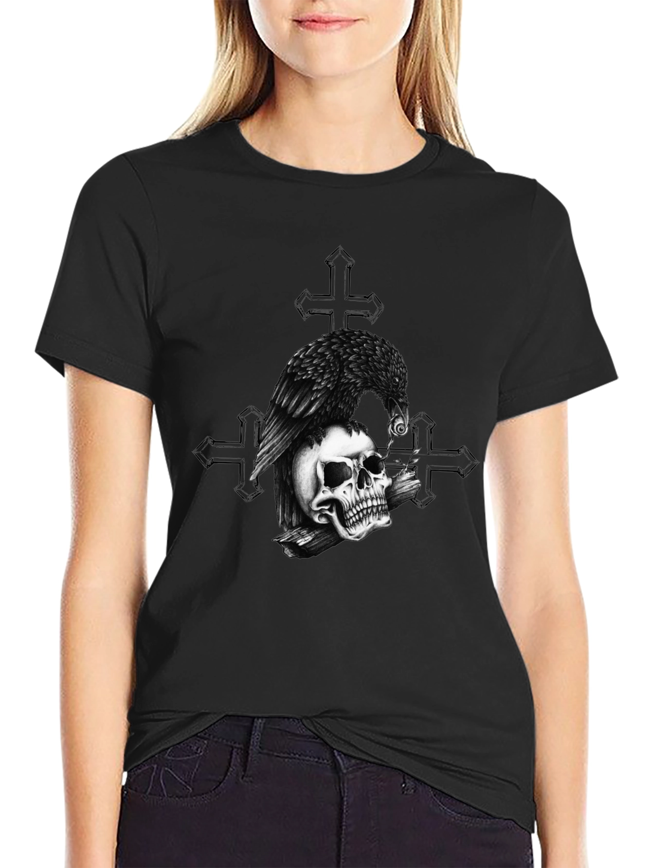 Raven on Skull Graphic Print Tee