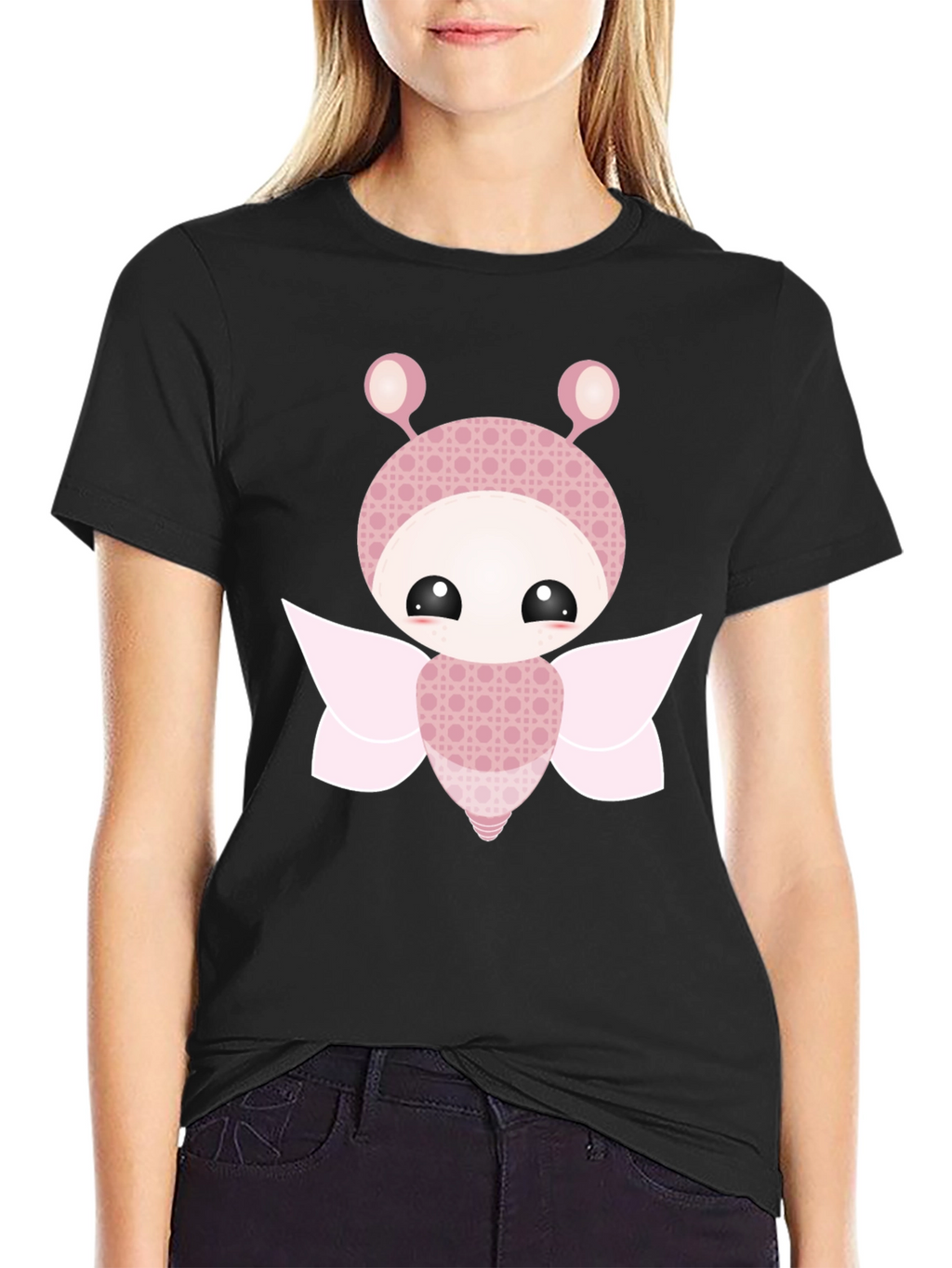 Cute Cartoon Butterfly Graphic Black T-Shirt