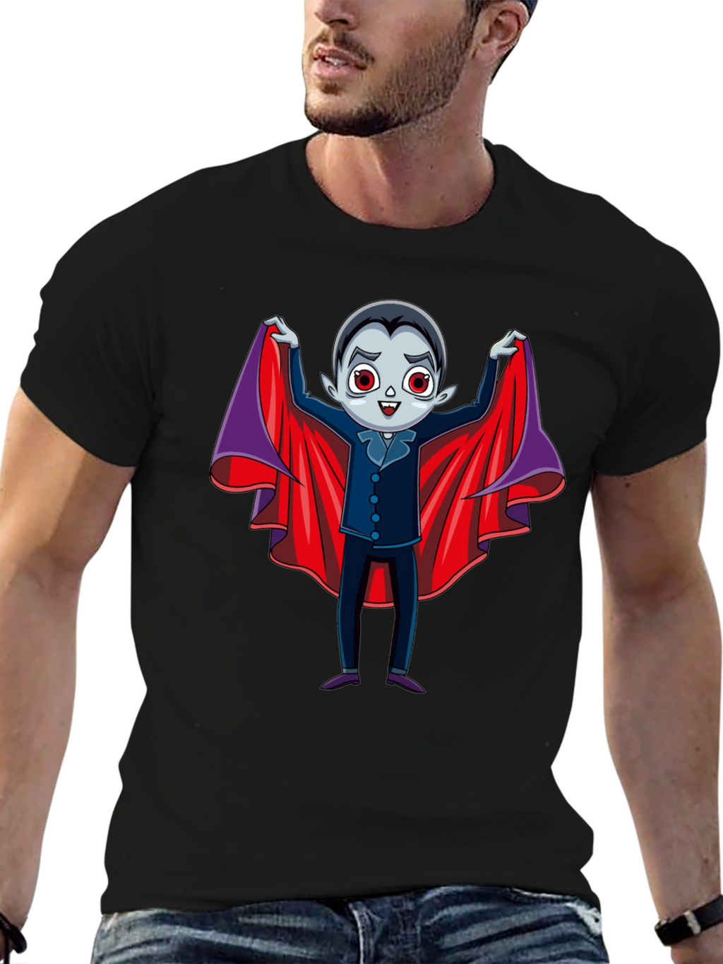 Cute Vampire Cartoon Graphic Print Black T-Shirt