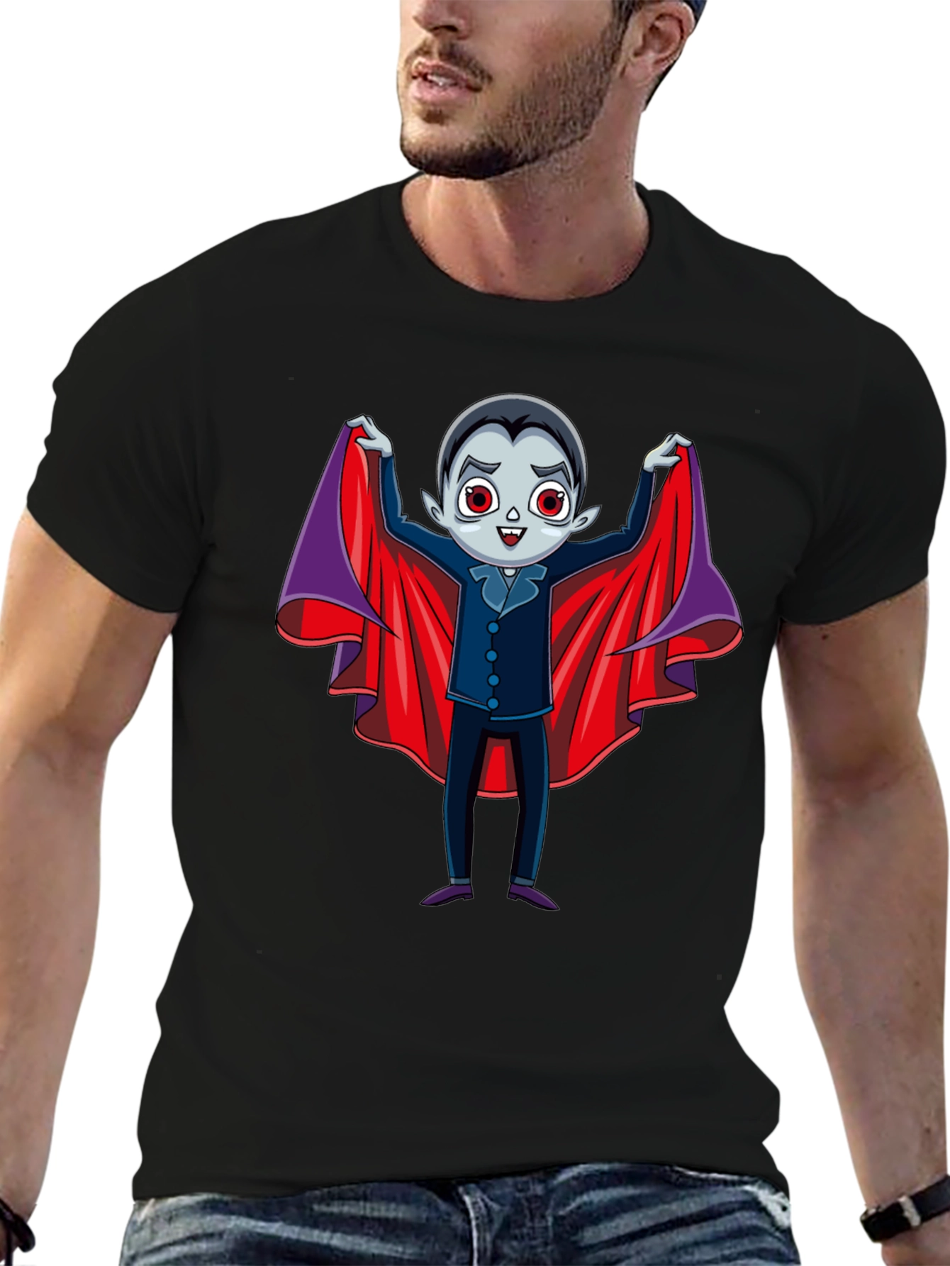 Cute Vampire Cartoon Graphic Print Black T-Shirt