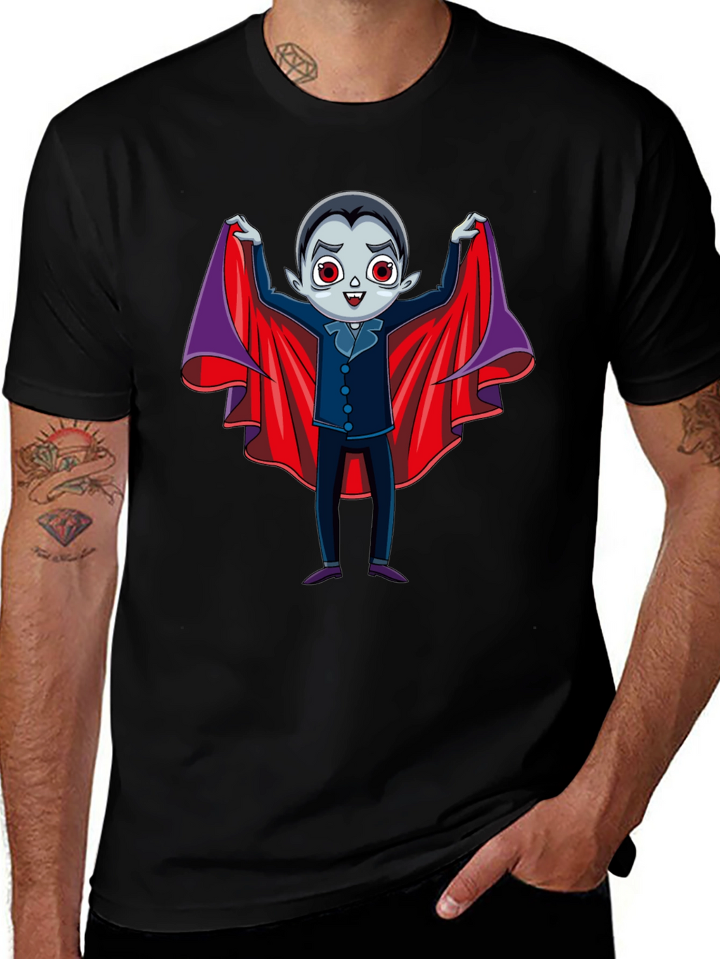 Cute Vampire Cartoon Graphic Print Black T-Shirt