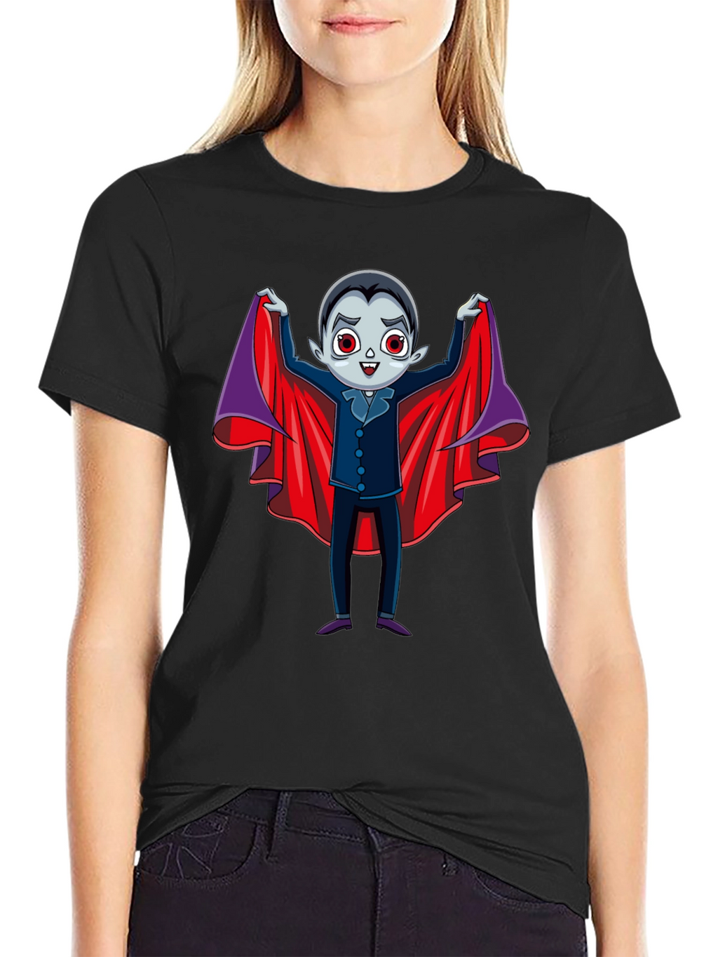 Cute Vampire Cartoon Graphic Print Black T-Shirt