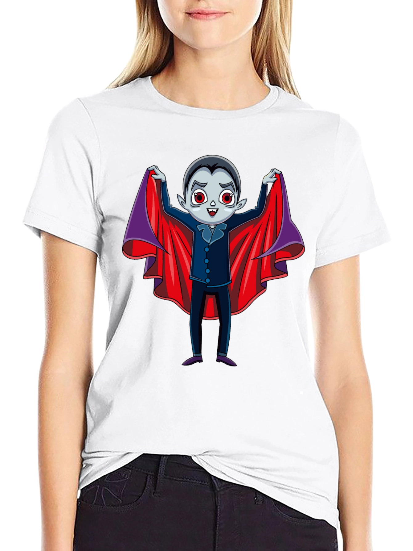 Cute Vampire Cartoon Graphic Print Black T-Shirt