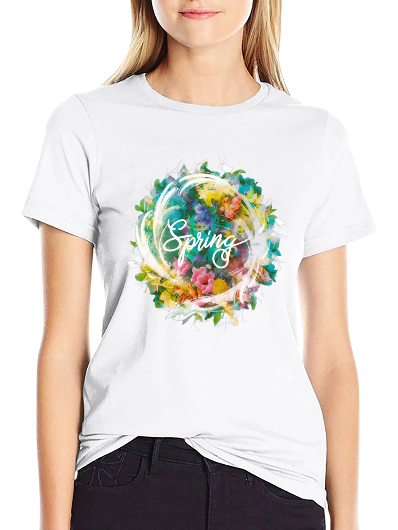 Spring Floral Graphic Black T-Shirt