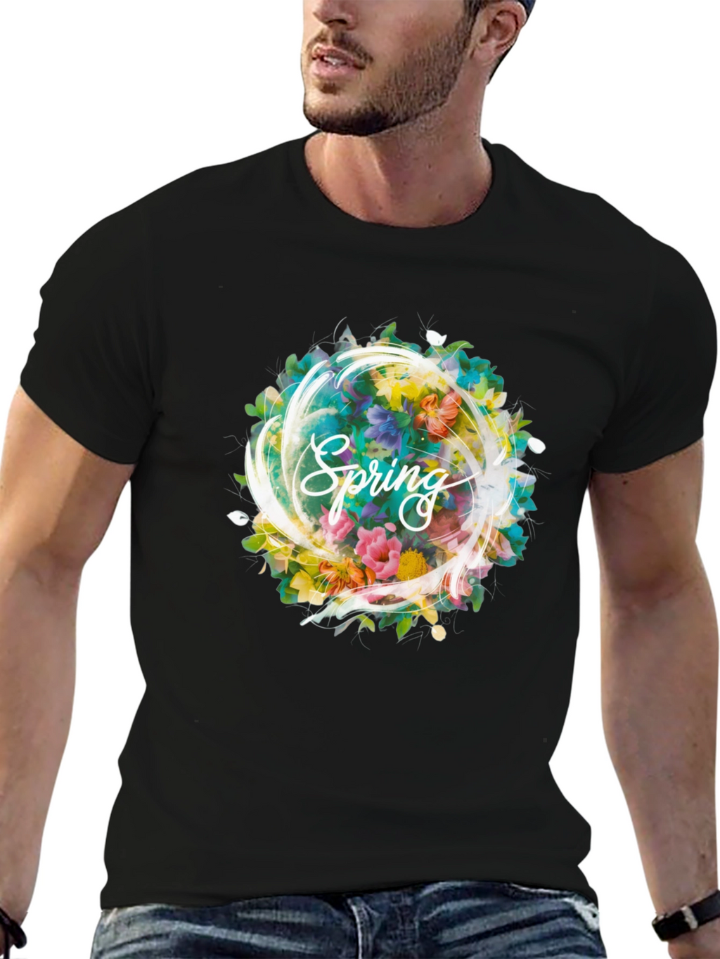 Spring Floral Graphic Black T-Shirt