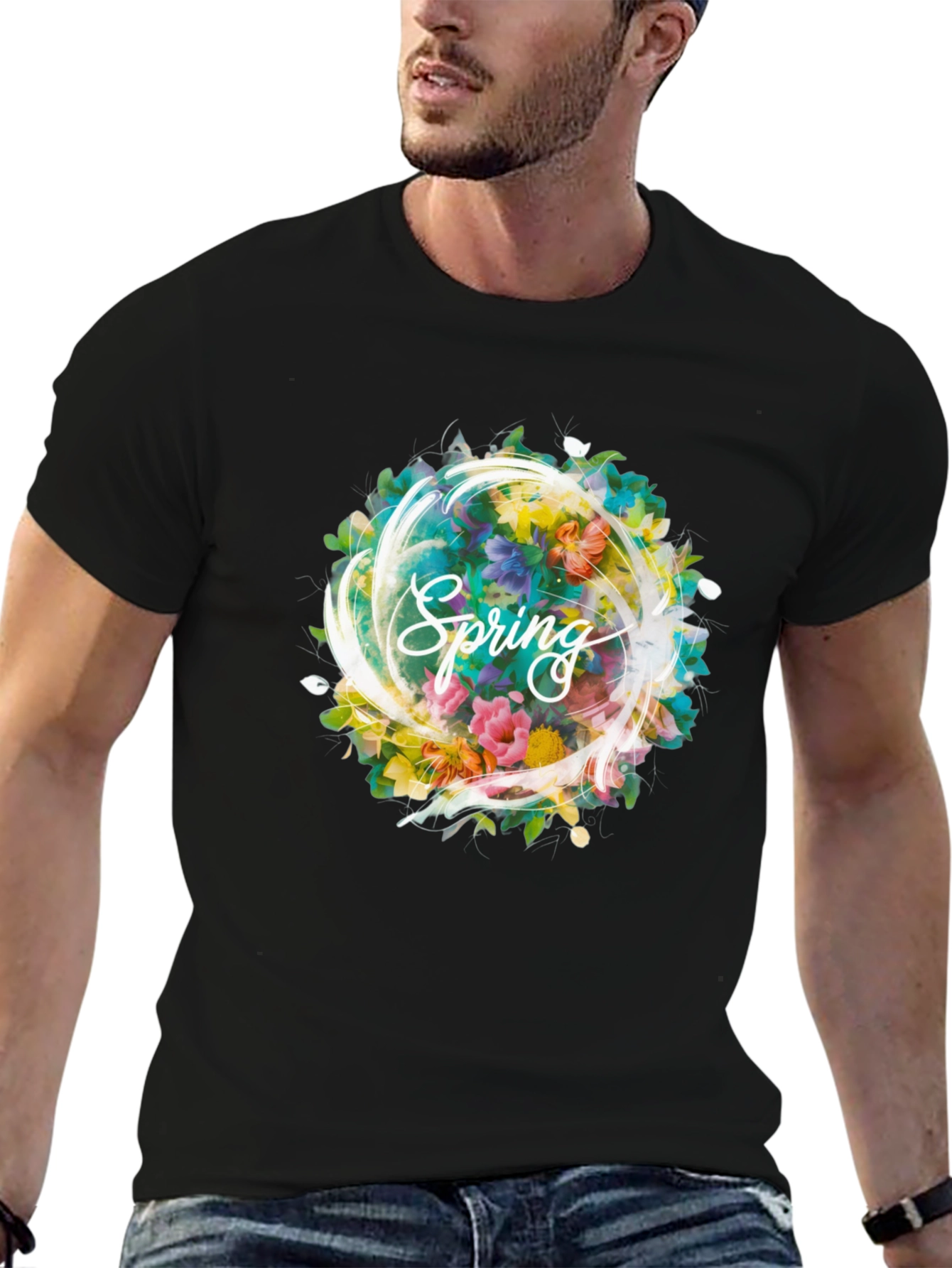 Spring Floral Graphic Black T-Shirt