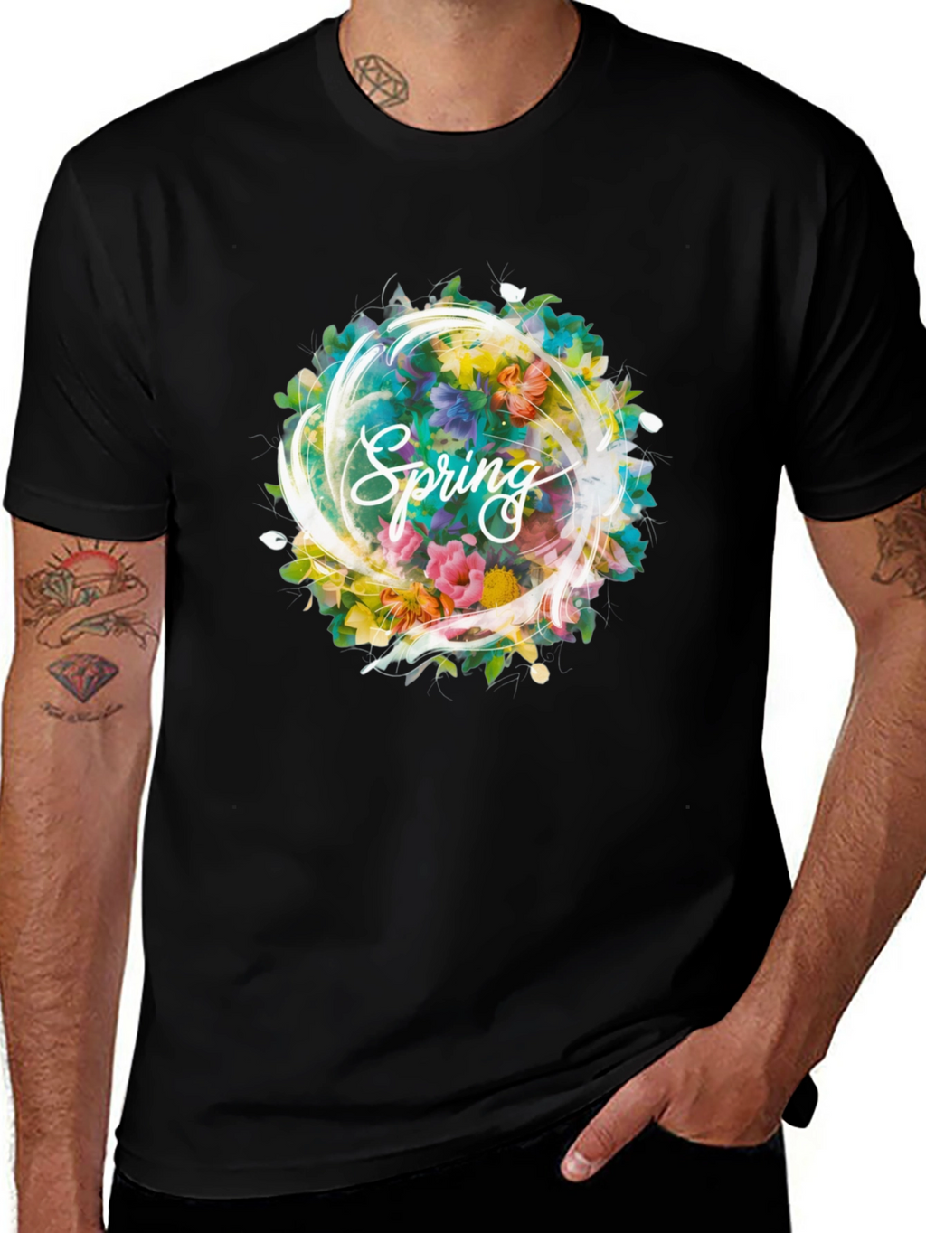 Spring Floral Graphic Black T-Shirt