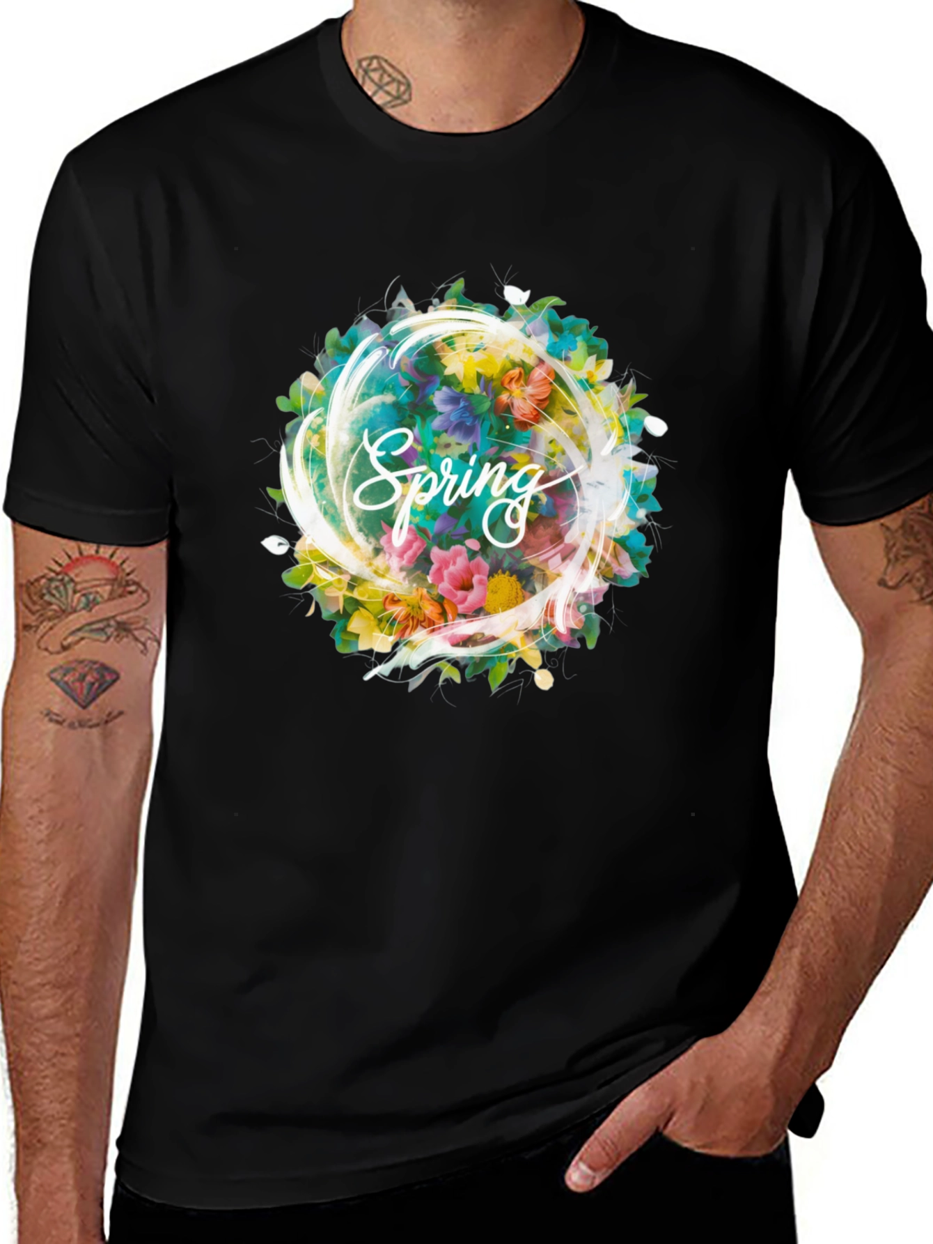 Spring Floral Graphic Black T-Shirt
