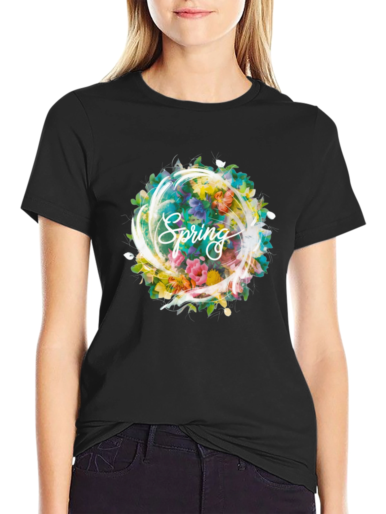 Spring Floral Graphic Black T-Shirt