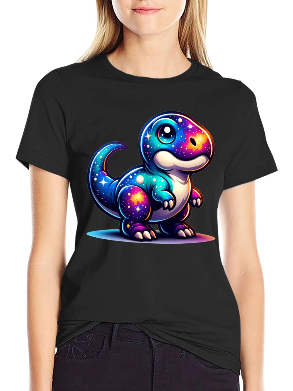 Galaxy Dinosaur Graphic Tee - Trendy Black T-Shirt