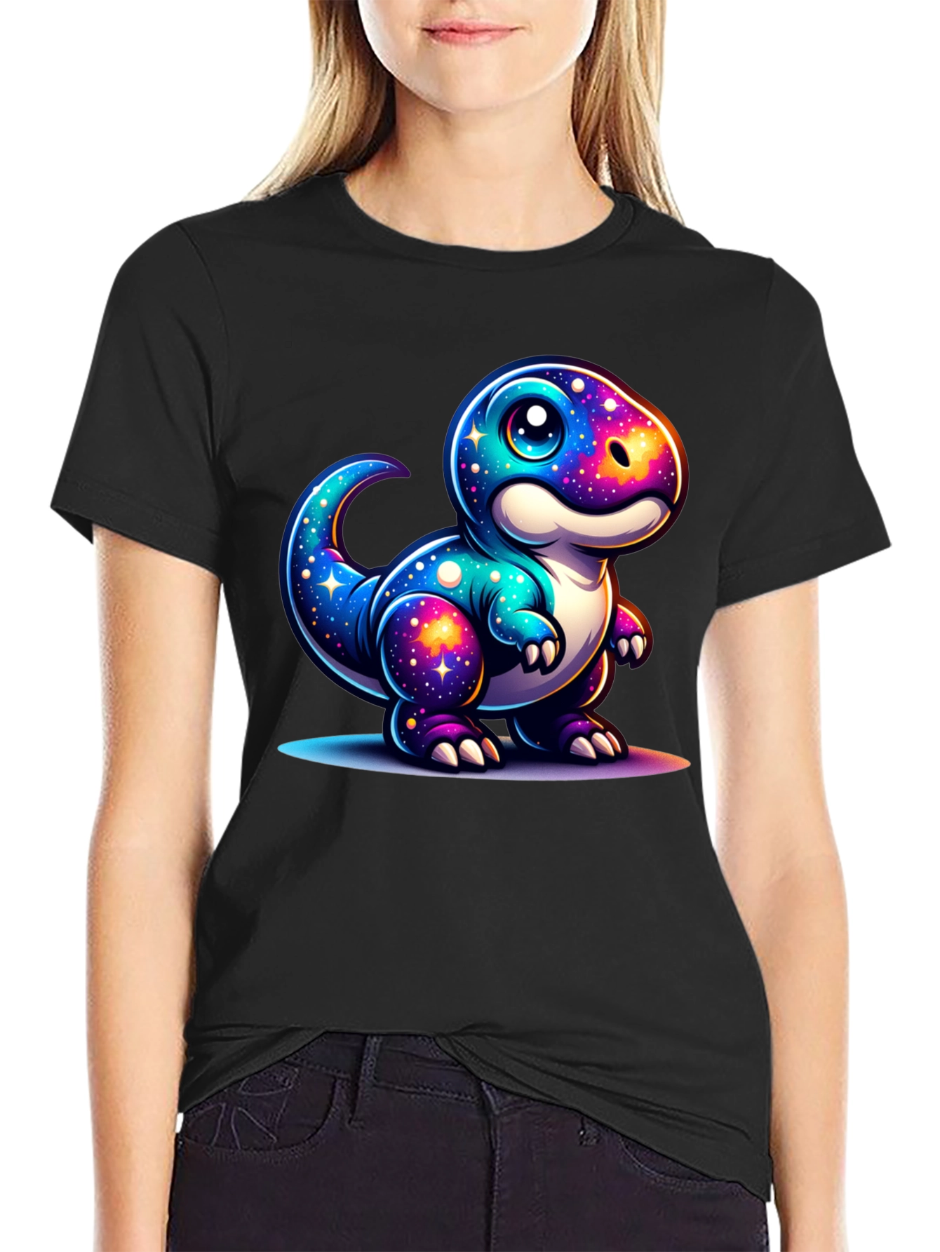 Galaxy Dinosaur Graphic Tee - Trendy Black T-Shirt