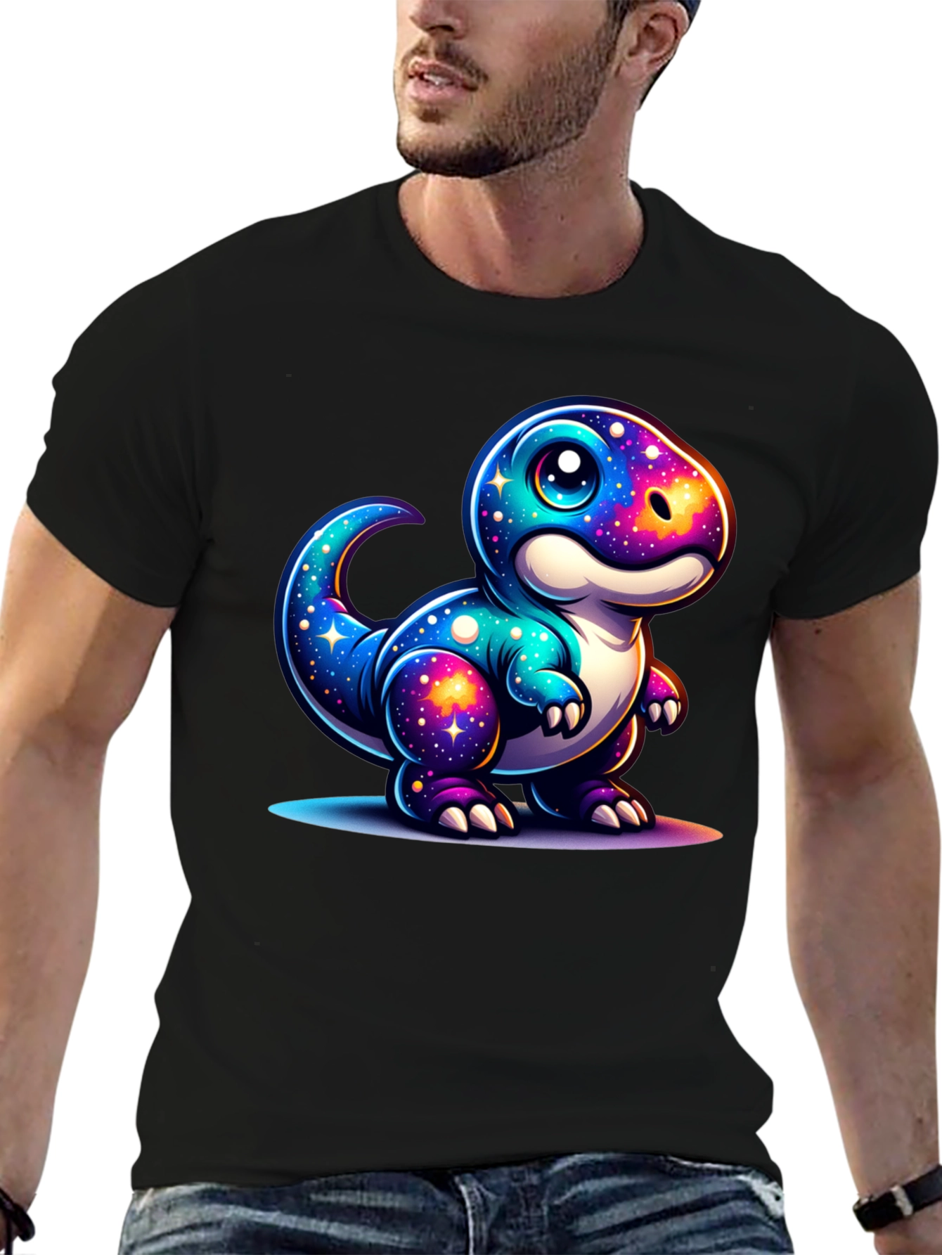 Galaxy Dinosaur Graphic Tee - Trendy Black T-Shirt