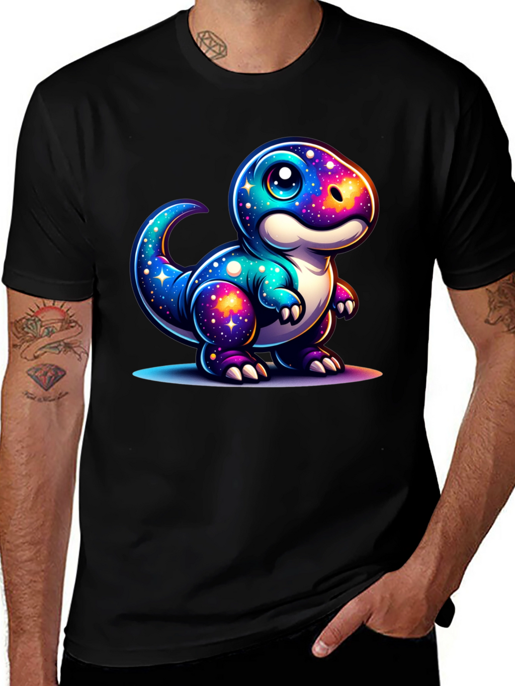 Galaxy Dinosaur Graphic Tee - Trendy Black T-Shirt