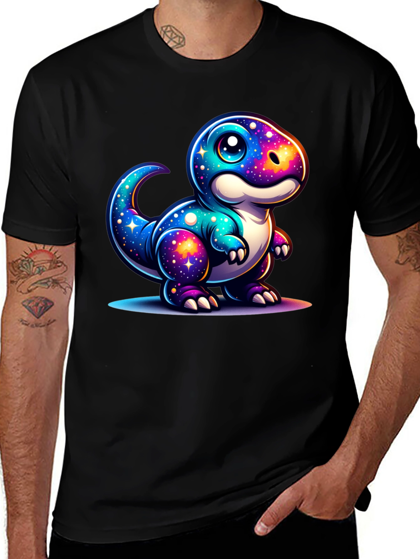 Galaxy Dinosaur Graphic Tee - Trendy Black T-Shirt