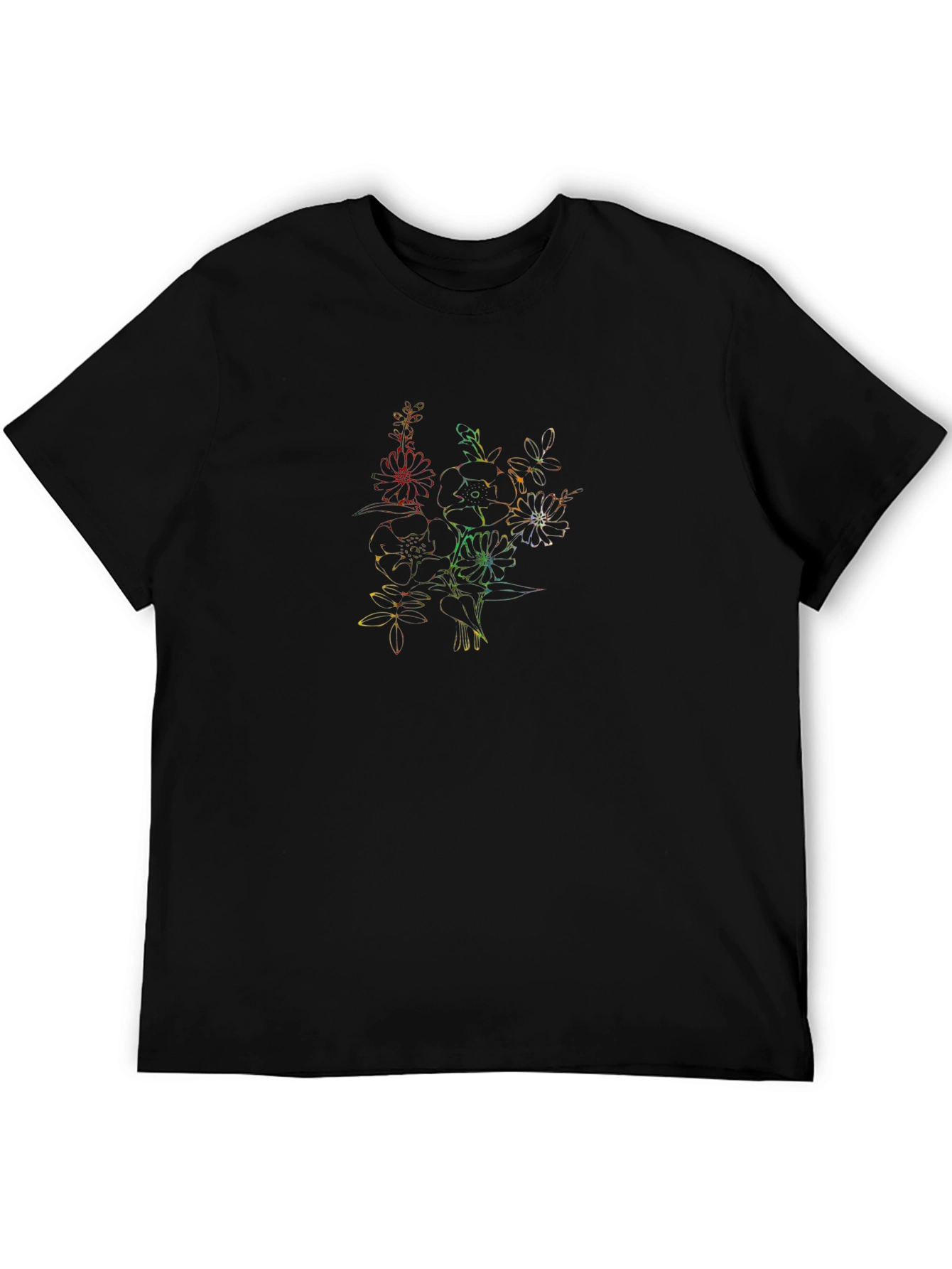 Rainbow Floral Print Black T-Shirt