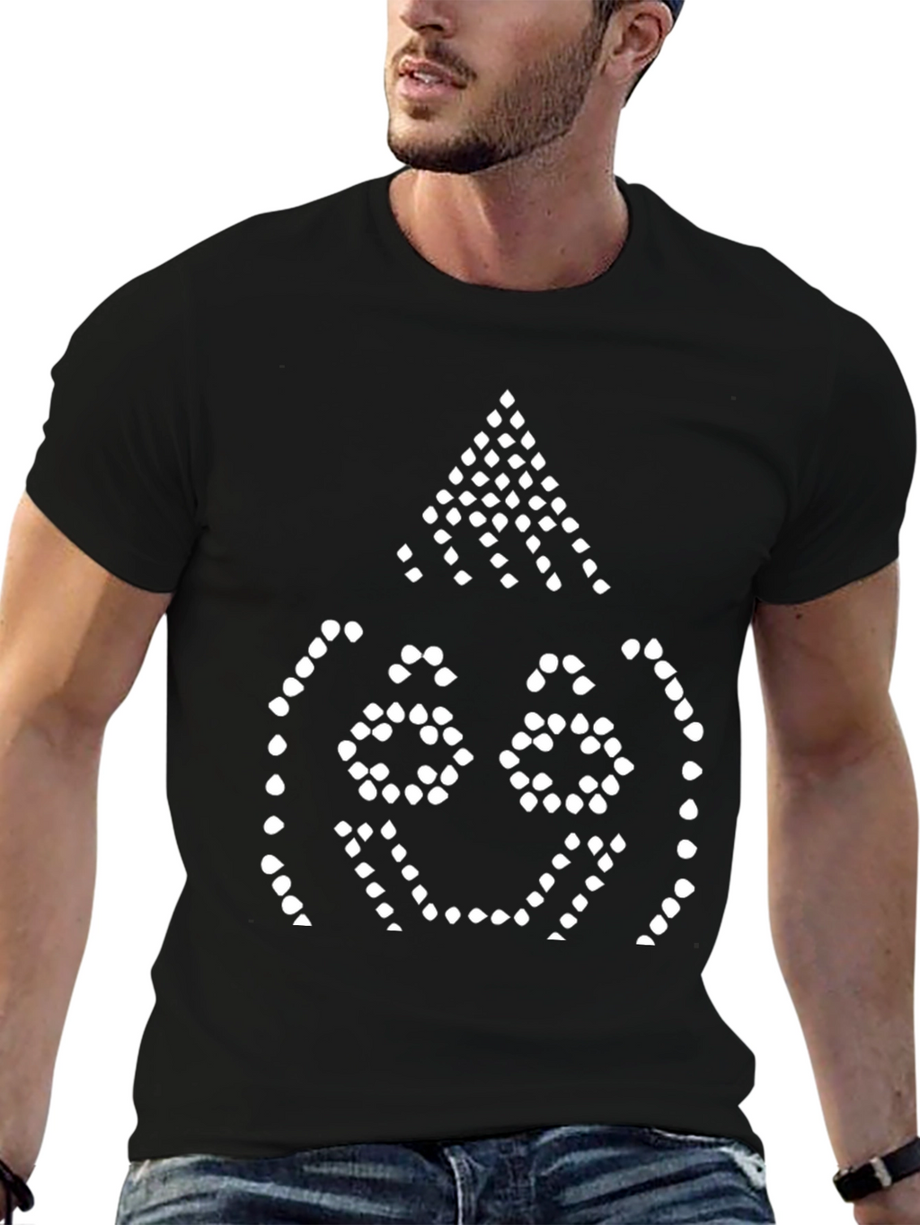 Black Tee with Pixelated Smiling Face Design
