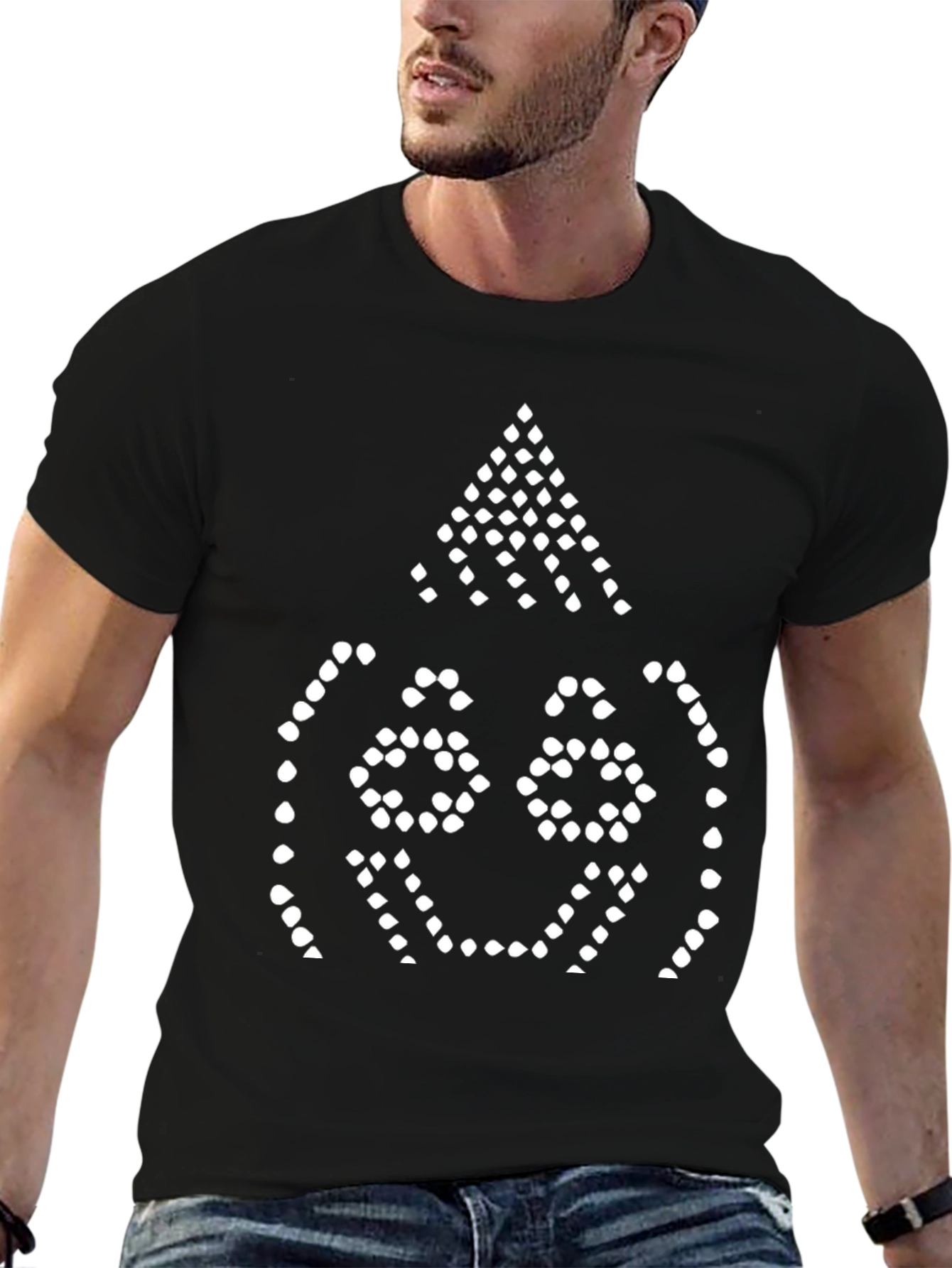 Black Tee with Pixelated Smiling Face Design