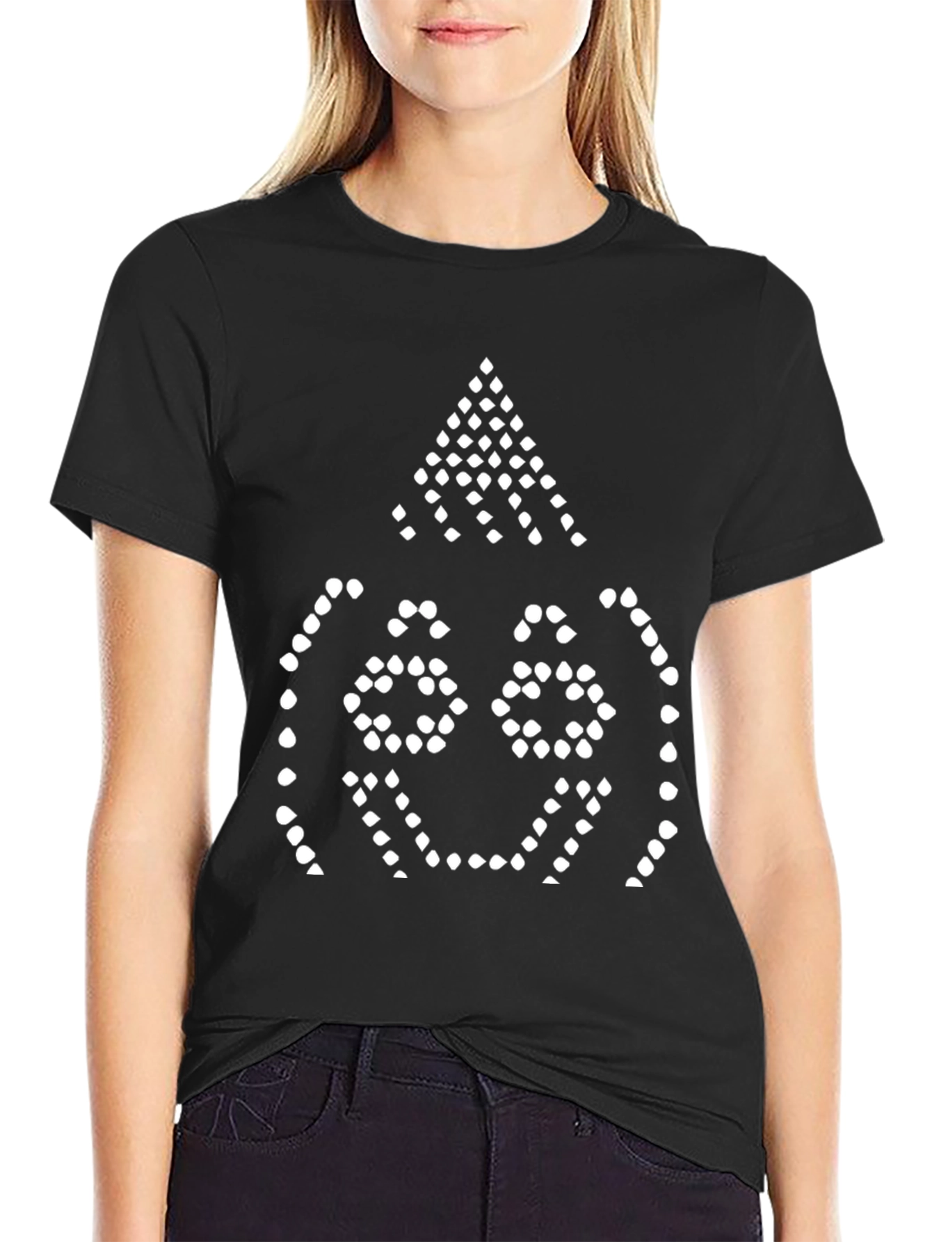 Black Tee with Pixelated Smiling Face Design