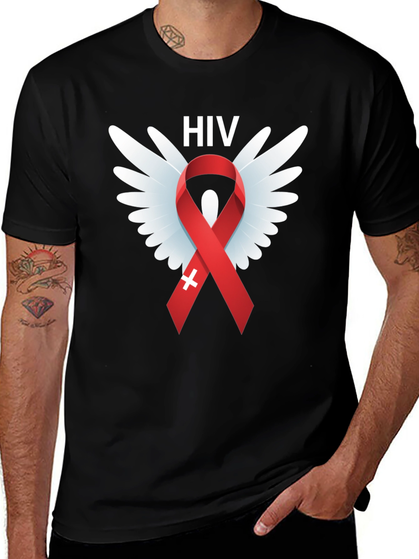 HIV Awareness Ribbon Wings Graphic T-Shirt