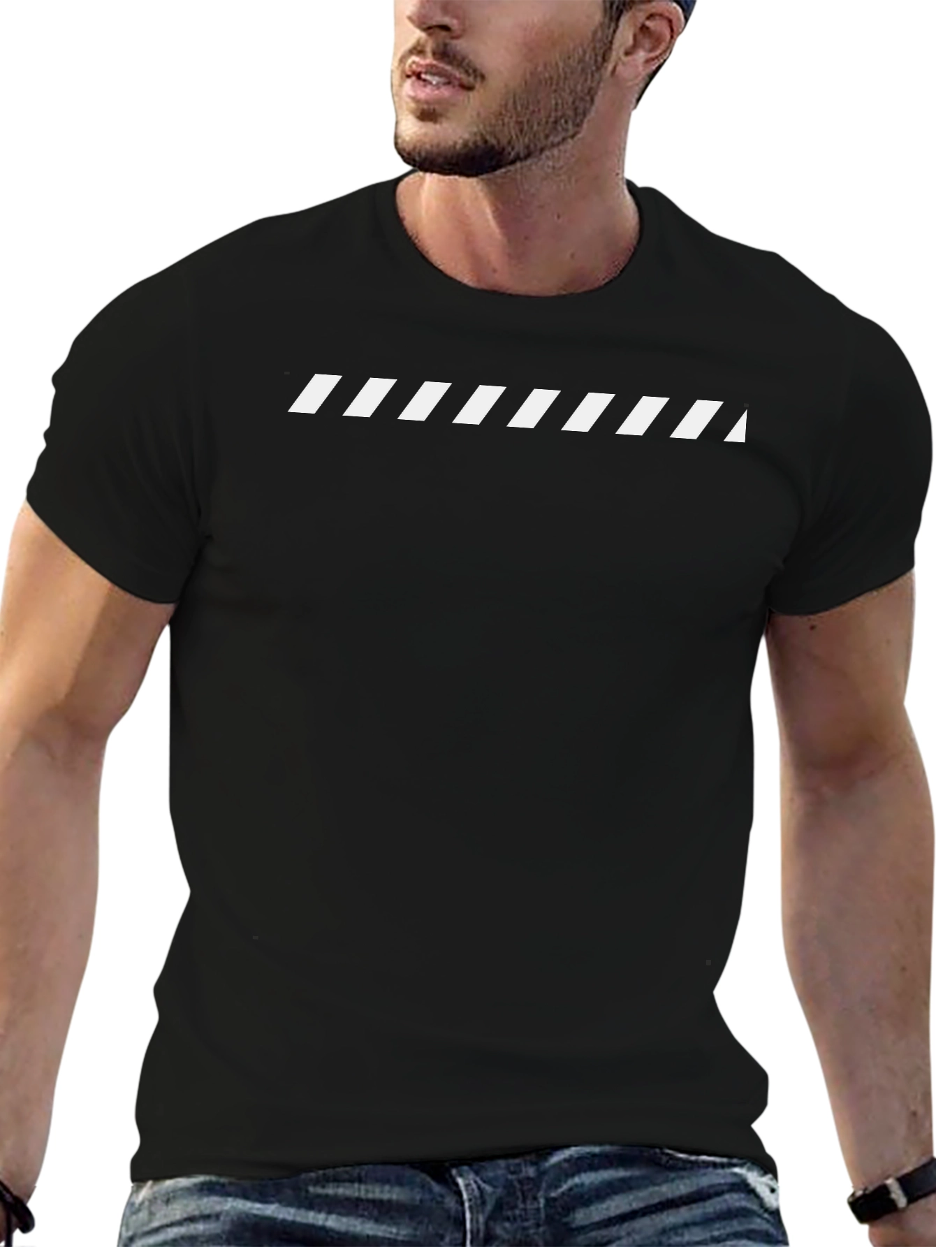 Mens Black T-Shirt with White Diagonal Stripes