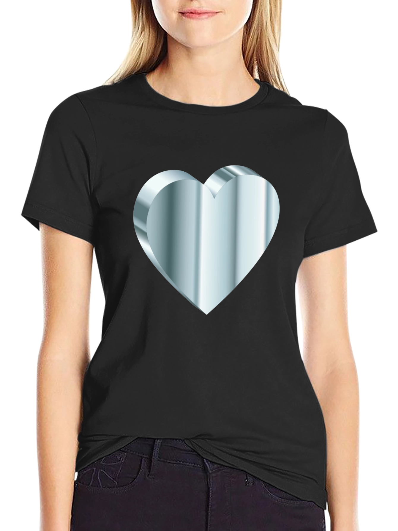 Mens Black Tee with Silver 3D Heart Design