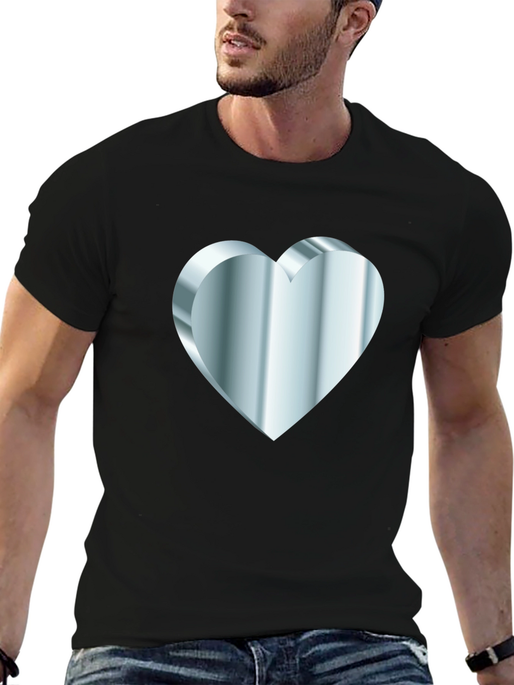 Mens Black Tee with Silver 3D Heart Design