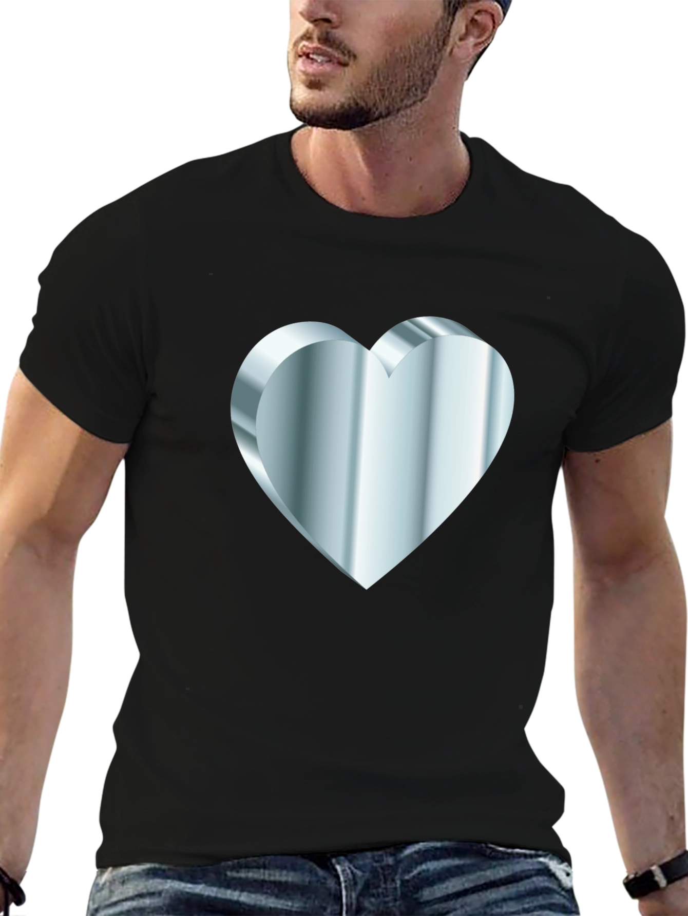 Mens Black Tee with Silver 3D Heart Design