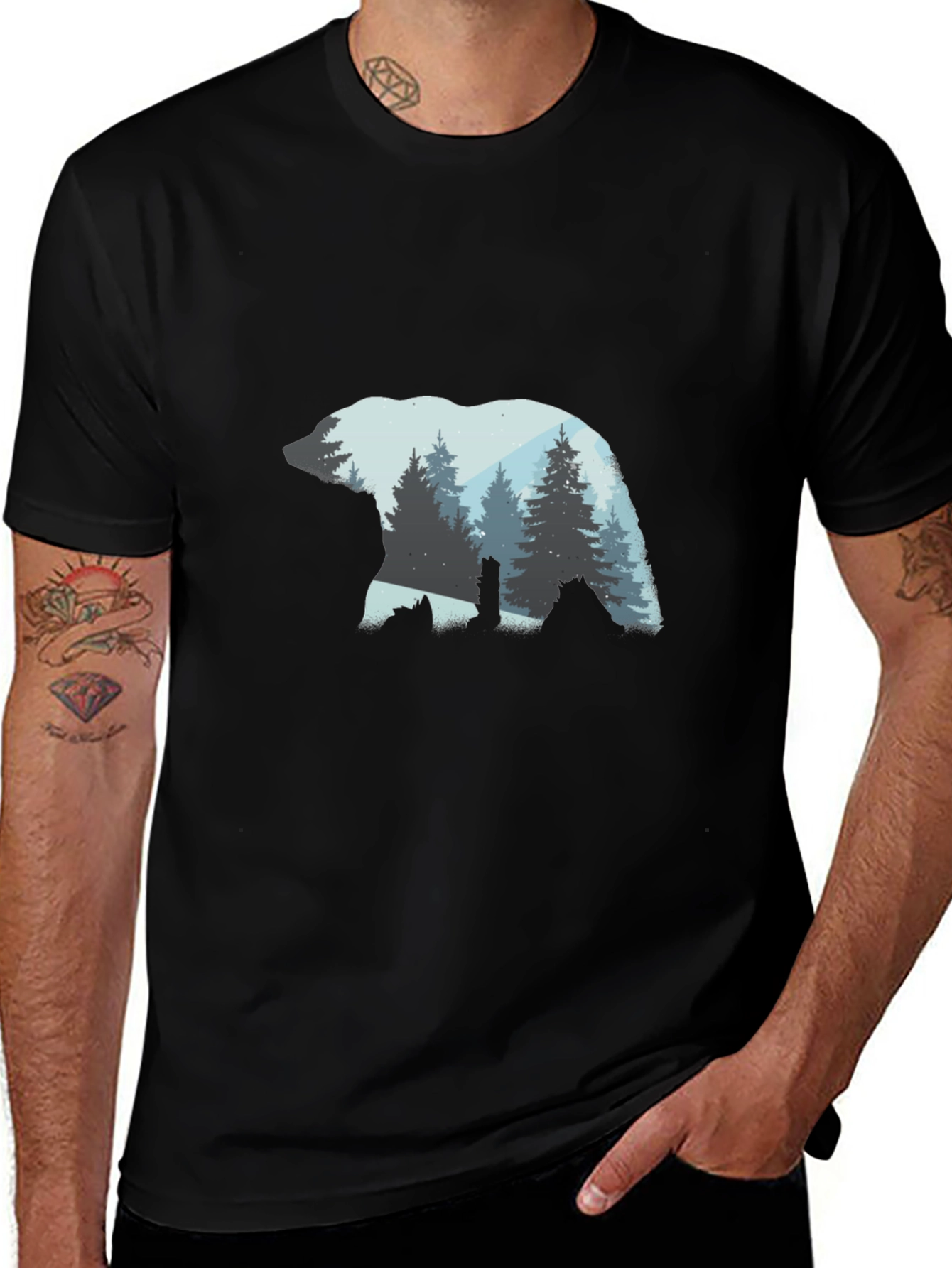 Bear Silhouette Forest Graphic Tee - Black