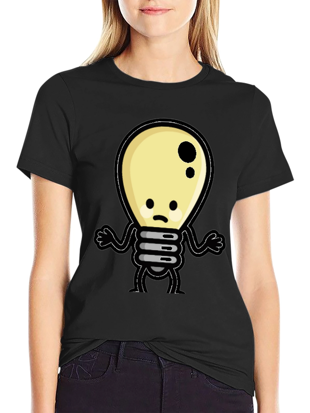 Sad Light Bulb Graphic T-Shirt - Black Cotton Tee