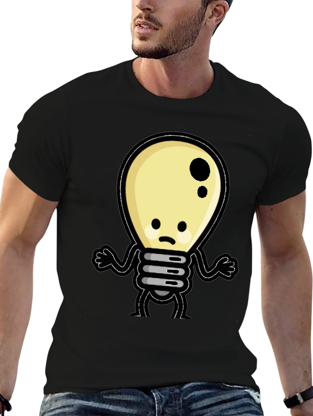 Sad Light Bulb Graphic T-Shirt - Black Cotton Tee