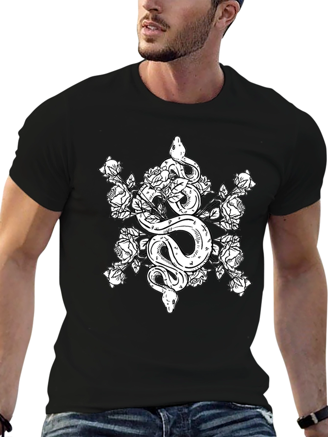 Snake and Roses Graphic Tee - Black