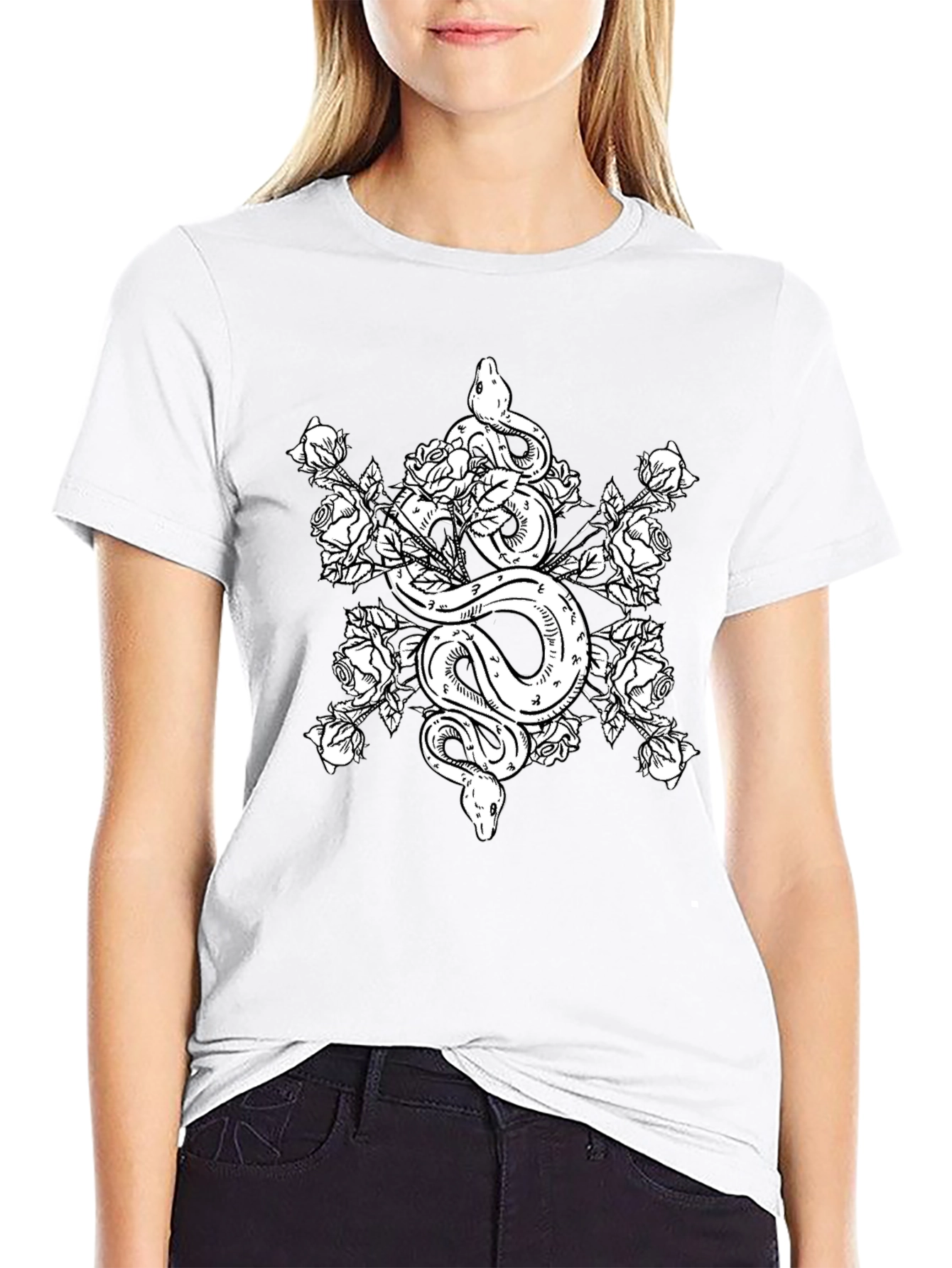 Snake and Roses Graphic Tee - Black