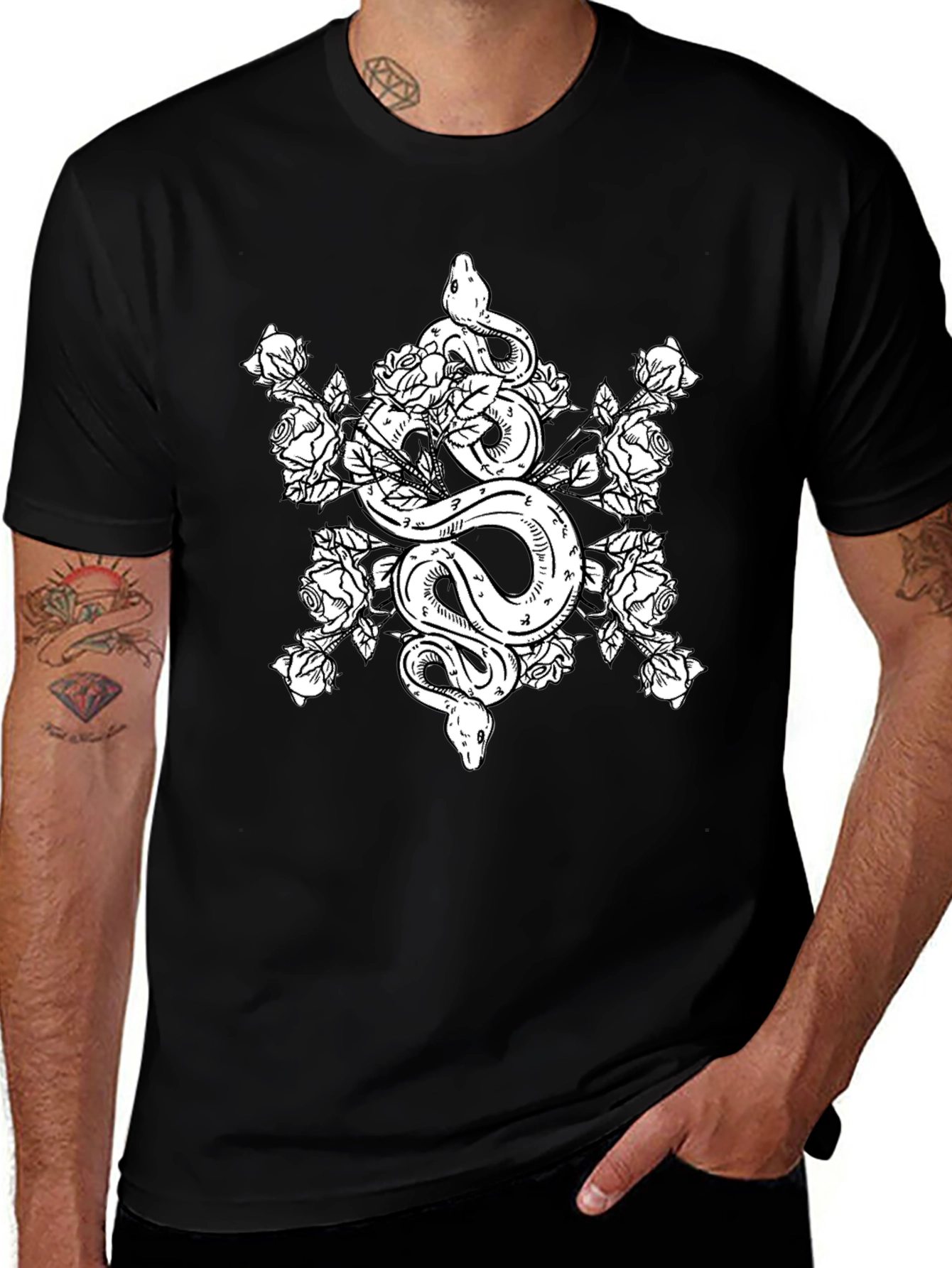 Snake and Roses Graphic Tee - Black