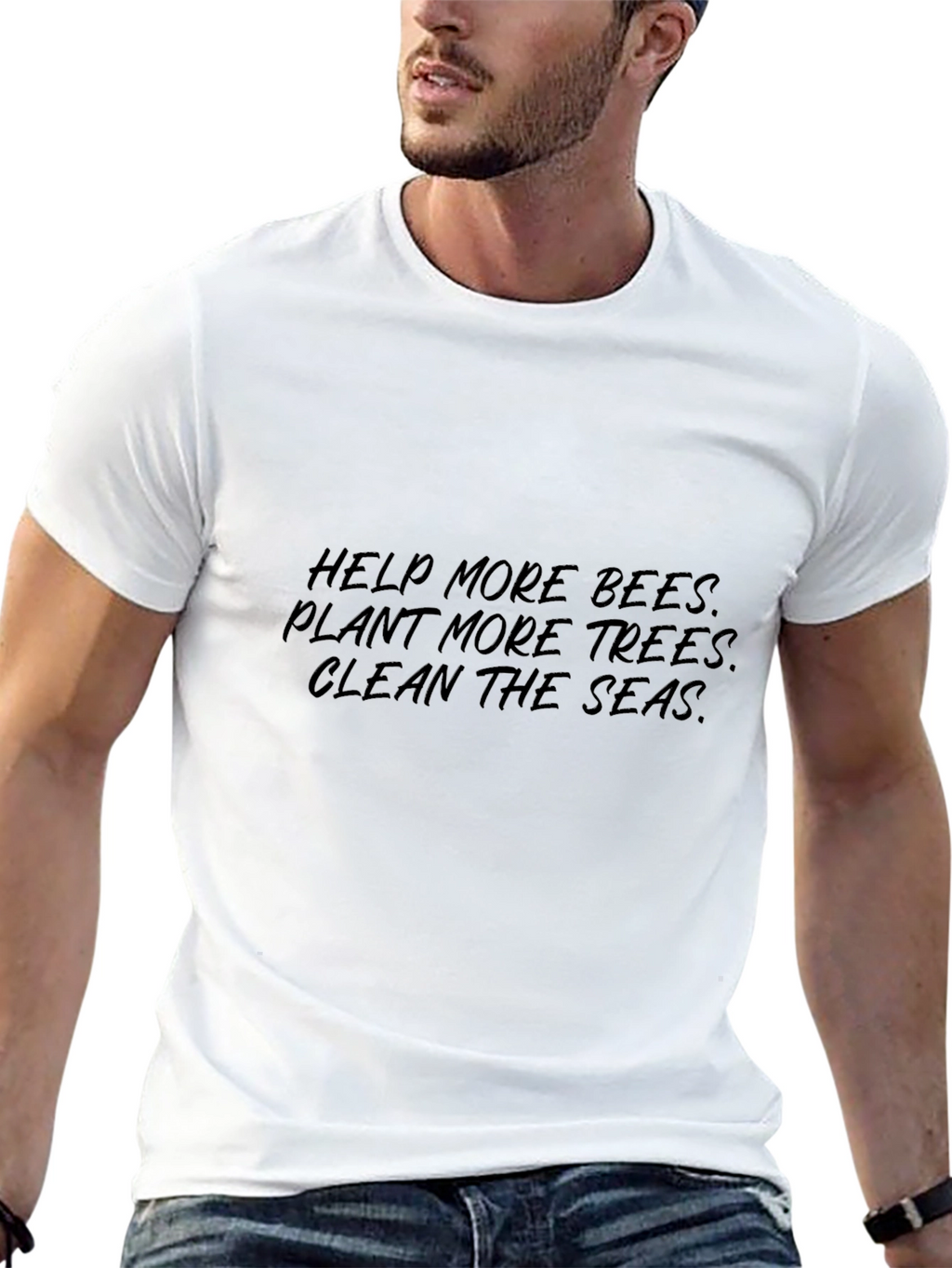Eco-Friendly Black Graphic Tee: Help Bees Trees Seas