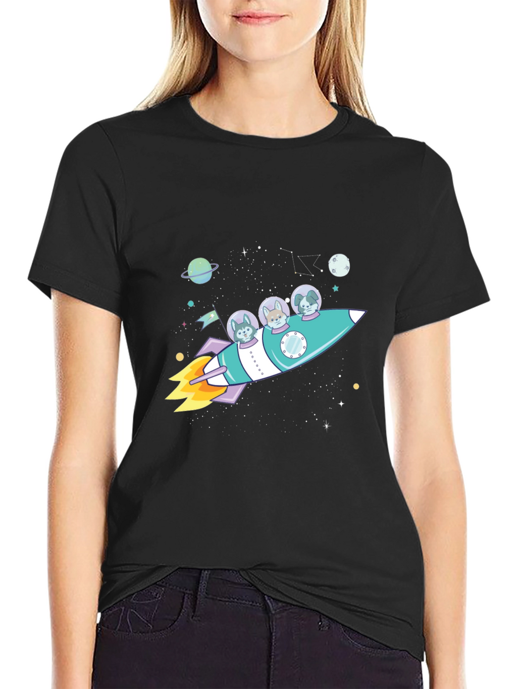 Dogs in Space Rocket Graphic T-Shirt