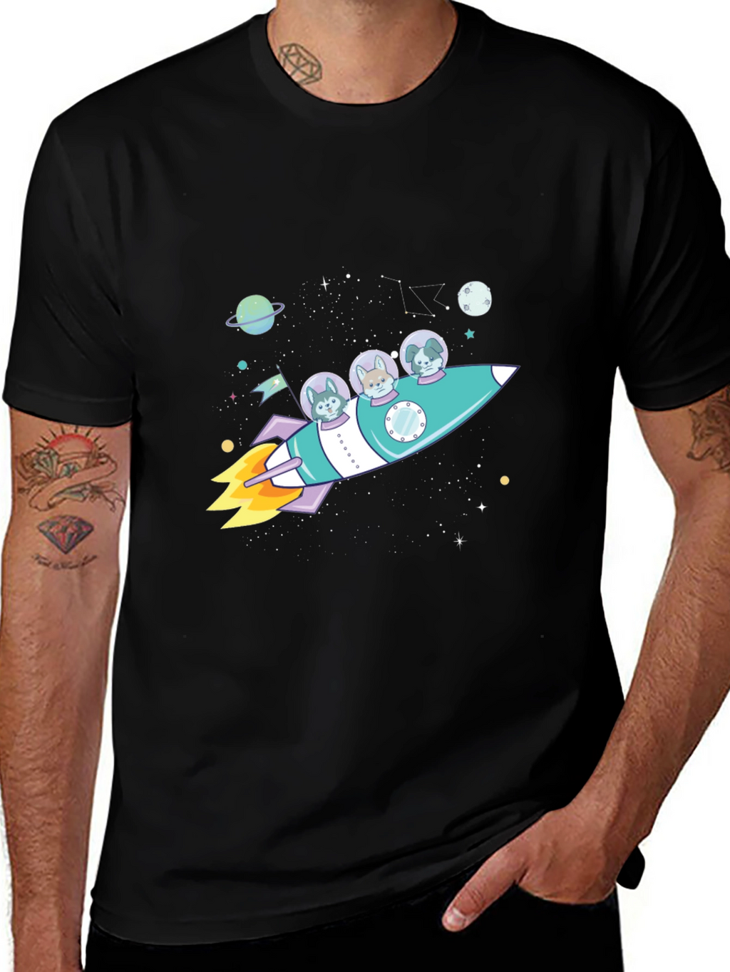 Dogs in Space Rocket Graphic T-Shirt