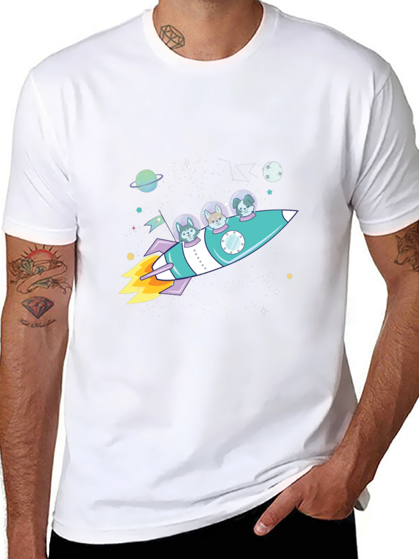 Dogs in Space Rocket Graphic T-Shirt