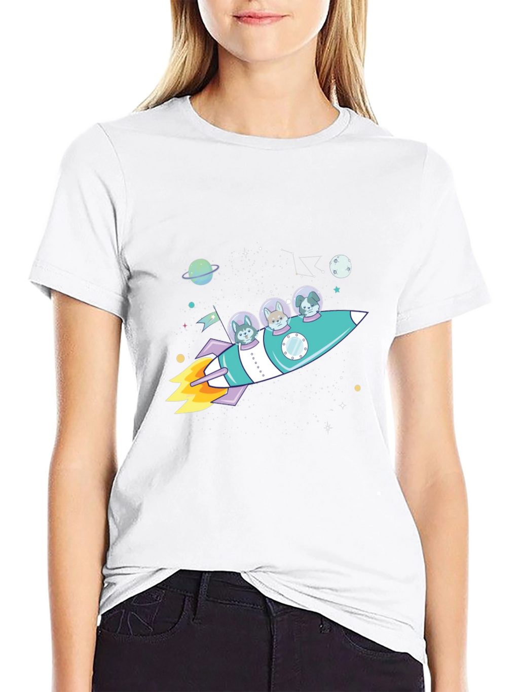 Dogs in Space Rocket Graphic T-Shirt