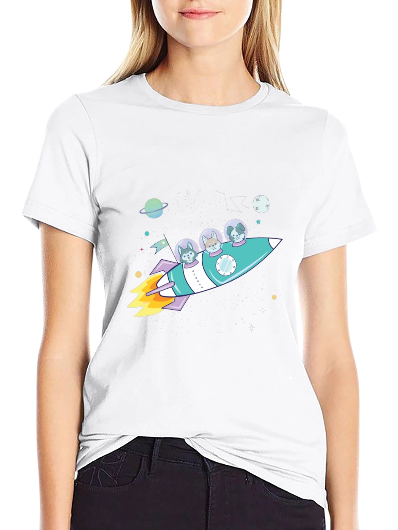 Dogs in Space Rocket Graphic T-Shirt
