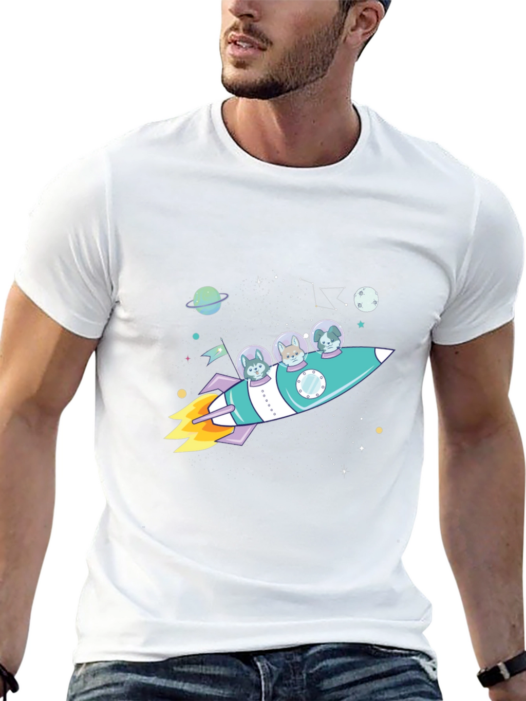 Dogs in Space Rocket Graphic T-Shirt
