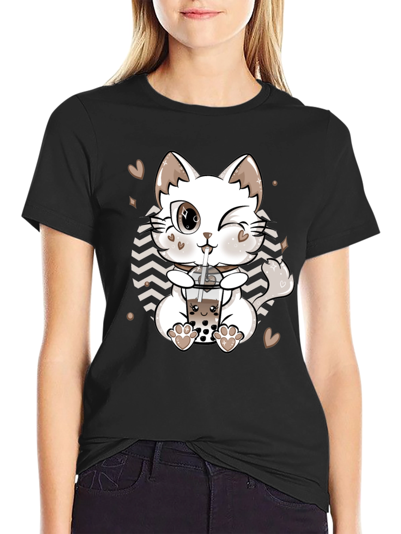 Cute Cat Boba Tea Black T-Shirt