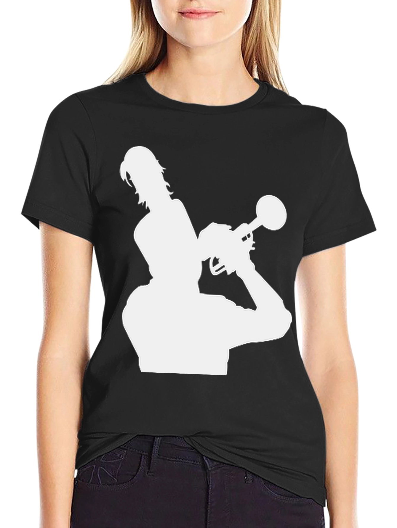 Trumpet Player Silhouette Graphic Tee - Black Cotton Shirt