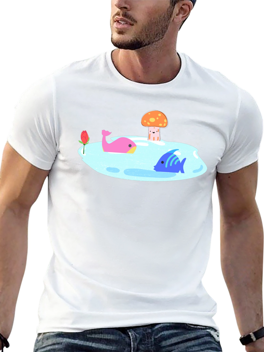 Black T-Shirt with Cartoon Lake Scene