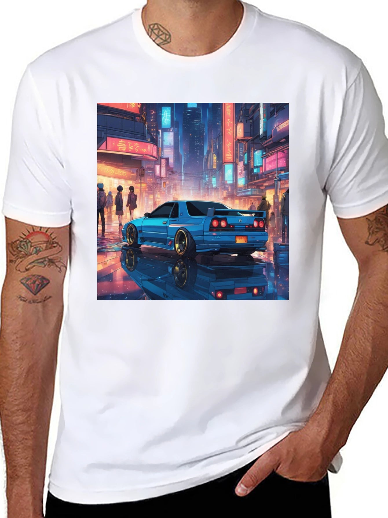 Blue Car Tokyo Nightscape Graphic Tee - Modern Style