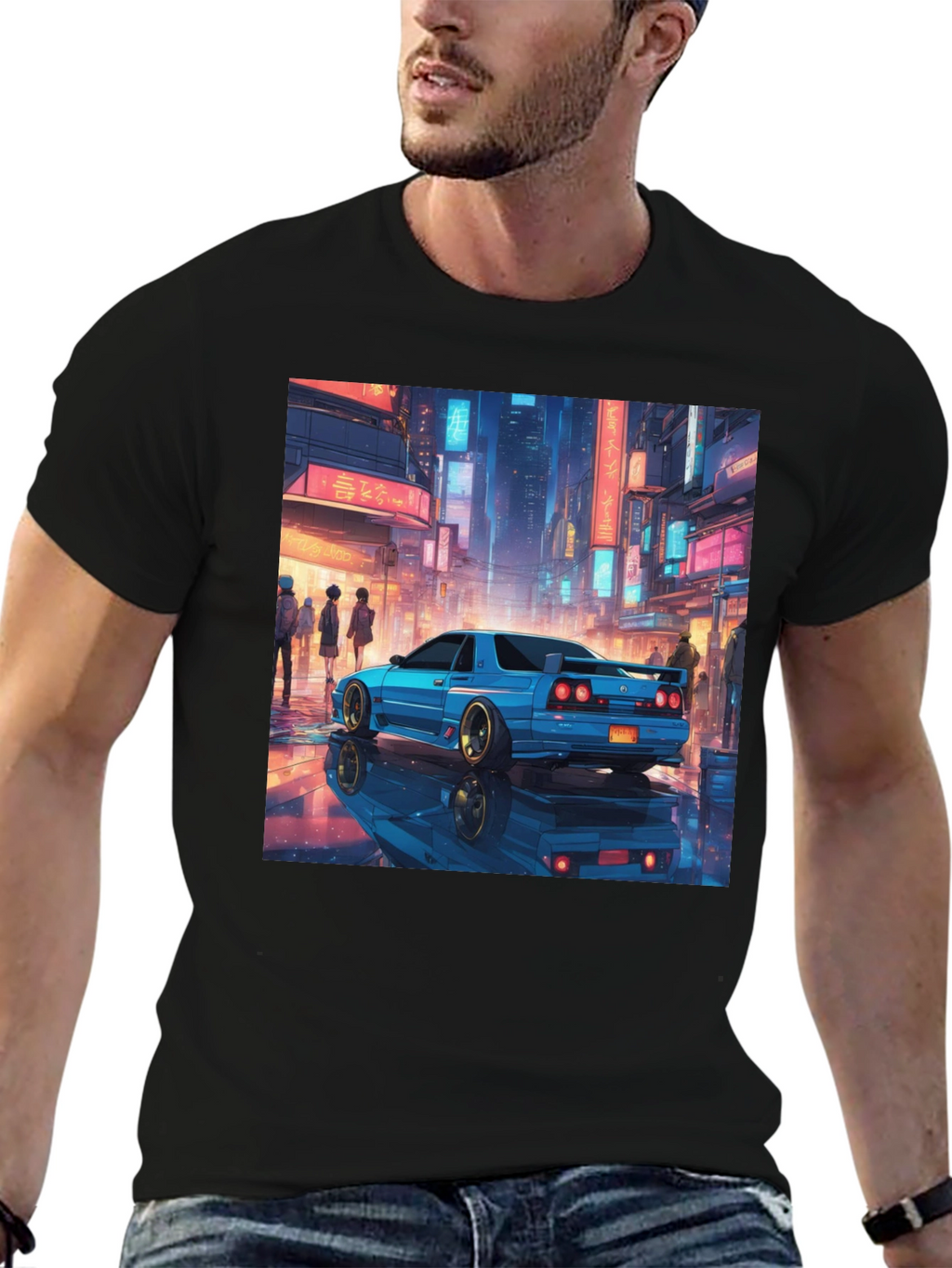 Blue Car Tokyo Nightscape Graphic Tee - Modern Style