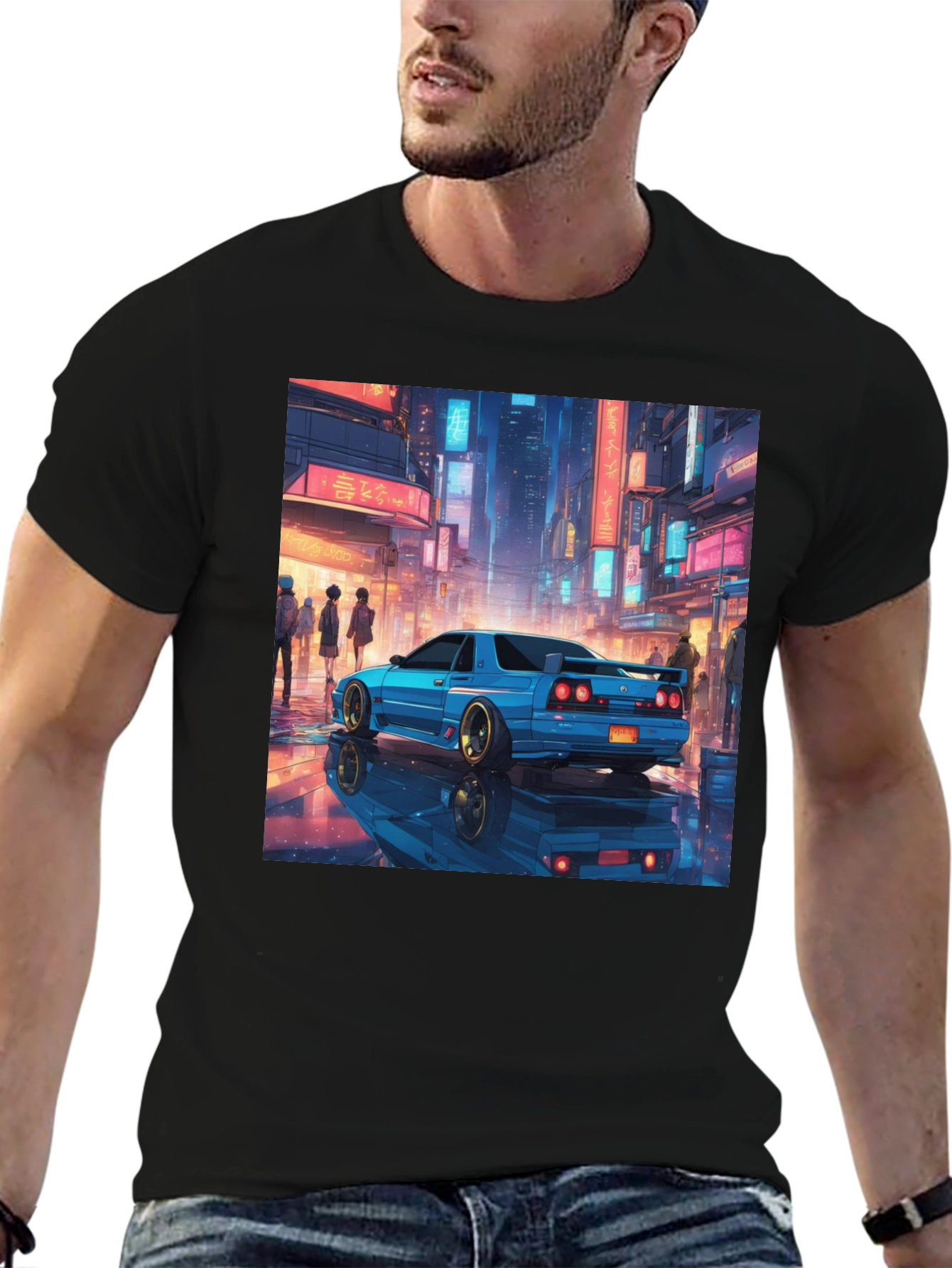 Blue Car Tokyo Nightscape Graphic Tee - Modern Style